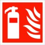 Fire Extinguisher Symbol Sign with white extinguisher and flame symbols on red background