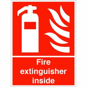 Fire Extinguisher Inside Sign with white extinguisher and flame symbol on red background