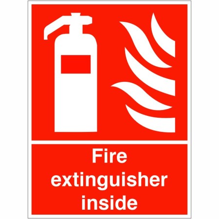 Fire Extinguisher Inside Sign with white extinguisher and flame symbol on red background