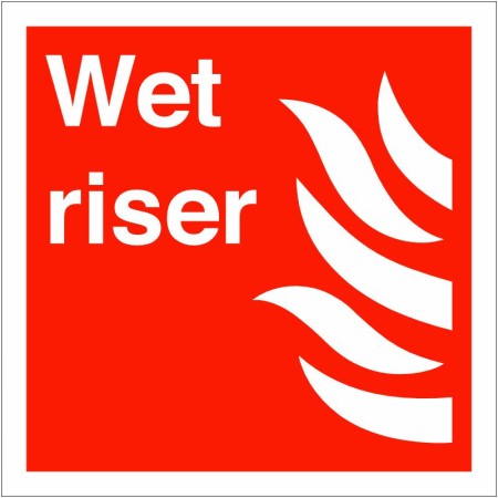 Wet Riser Symbol Sign with white text and flame symbol on red background