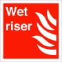 Wet Riser Symbol Sign with white text and flame symbol on red background