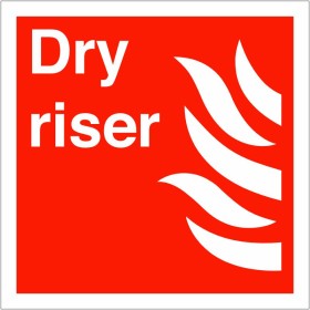 Dry Riser Symbol Sign with white text and flame symbol on red background