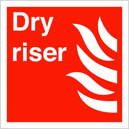 Dry Riser Symbol Sign with white text and flame symbol on red background