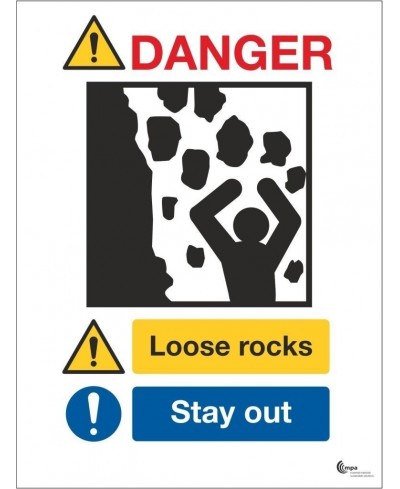 Danger loose rocks stay away sign in a variety of sizes and materials
