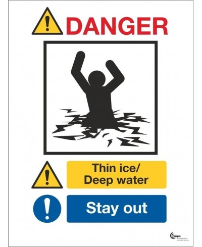 Danger thin ice deep water sign in a variety of sizes and materials