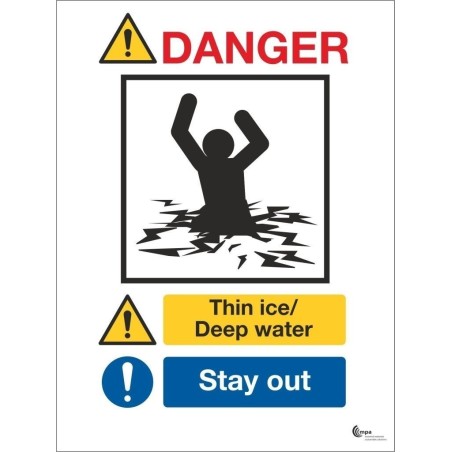 Danger thin ice deep water sign in a variety of sizes and materials