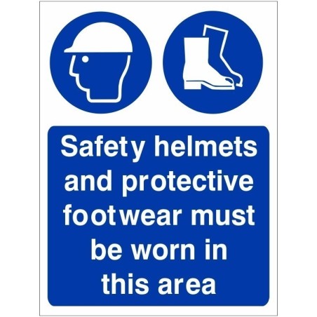 Safety Helmets And Protective Footwear Must Be Worn In This Area Sign