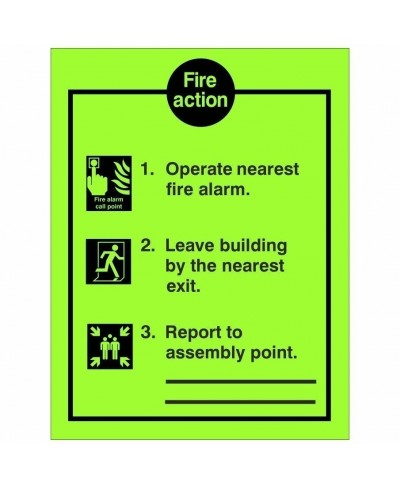 Glow In The Dark 3 Point Fire Action Notice Sign - With Lines To Write Assembly Point Location