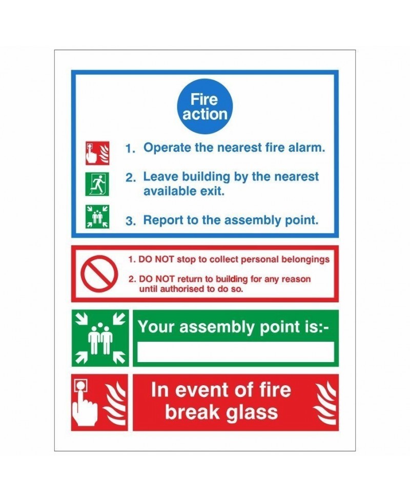 3 Point Fire Action Notice Sign - In Event Of Fire Break Glass (Writable)