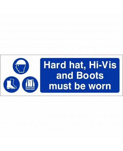 Hard Hat, Hi-Vis And Boots Must Be Worn Sign 600mm x 200mm - 1mm Rigid Plastic