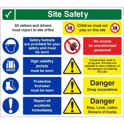Site Safety All Visitors And Drivers Must Report To Site Office Multi Message Safety Board Site Safety Sign With or Without Your Logo 900mm x 800mm - 4mm Corex