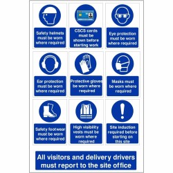 All Visitors And Delivery Drivers Must Report To The Site Office Multi Message Safety Board All Visitors And Delivery Drivers Must Report To The Site Office Sign With or Without Your Logo 800mm x 1200mm - 4mm Corex