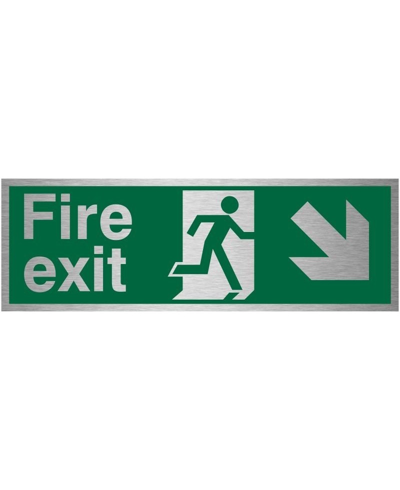 Fire Exit Arrow Down Right Brushed Aluminium Sign