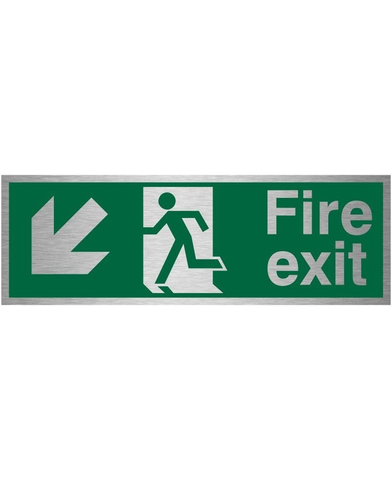 Fire Exit Arrow Down Left Brushed Aluminium Sign