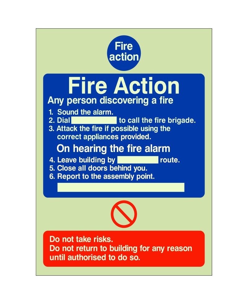 Glow In The Dark 6 Point Fire Action Notice Sign - Any Person Discovering a Fire