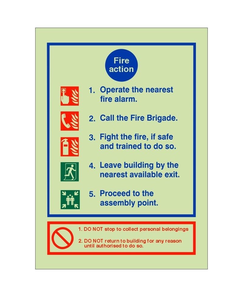 Glow In The Dark 5 Point Fire Action Notice Sign