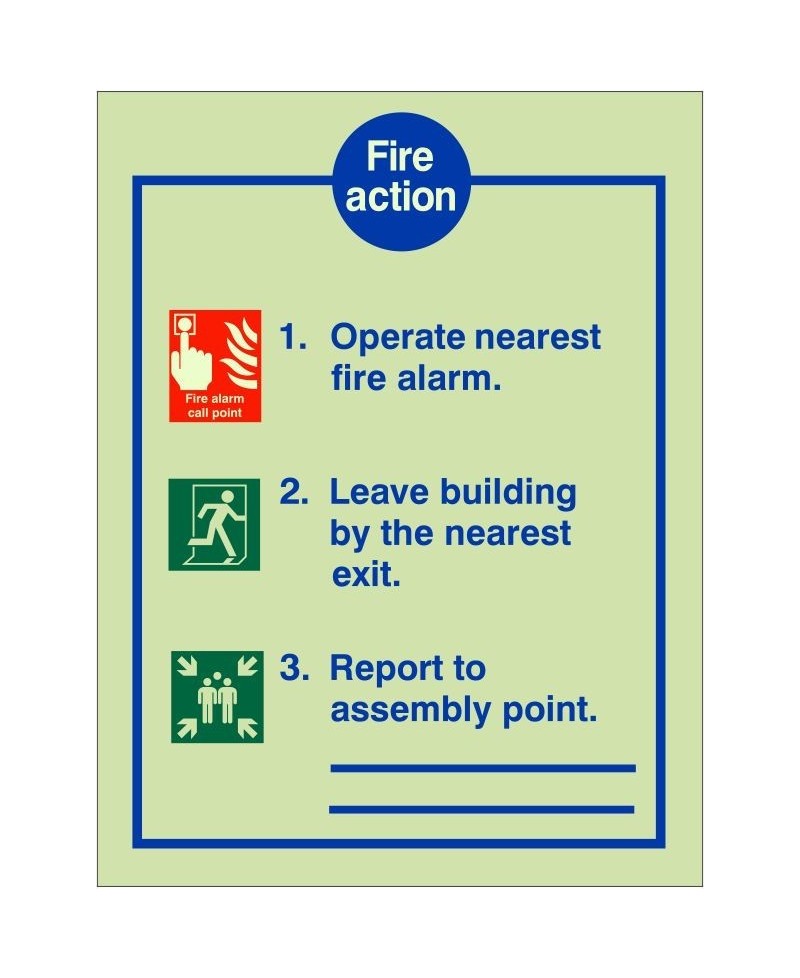 Glow In The Dark 3 Point Fire Action Notice Sign - With Lines To Write Assembly Point Location