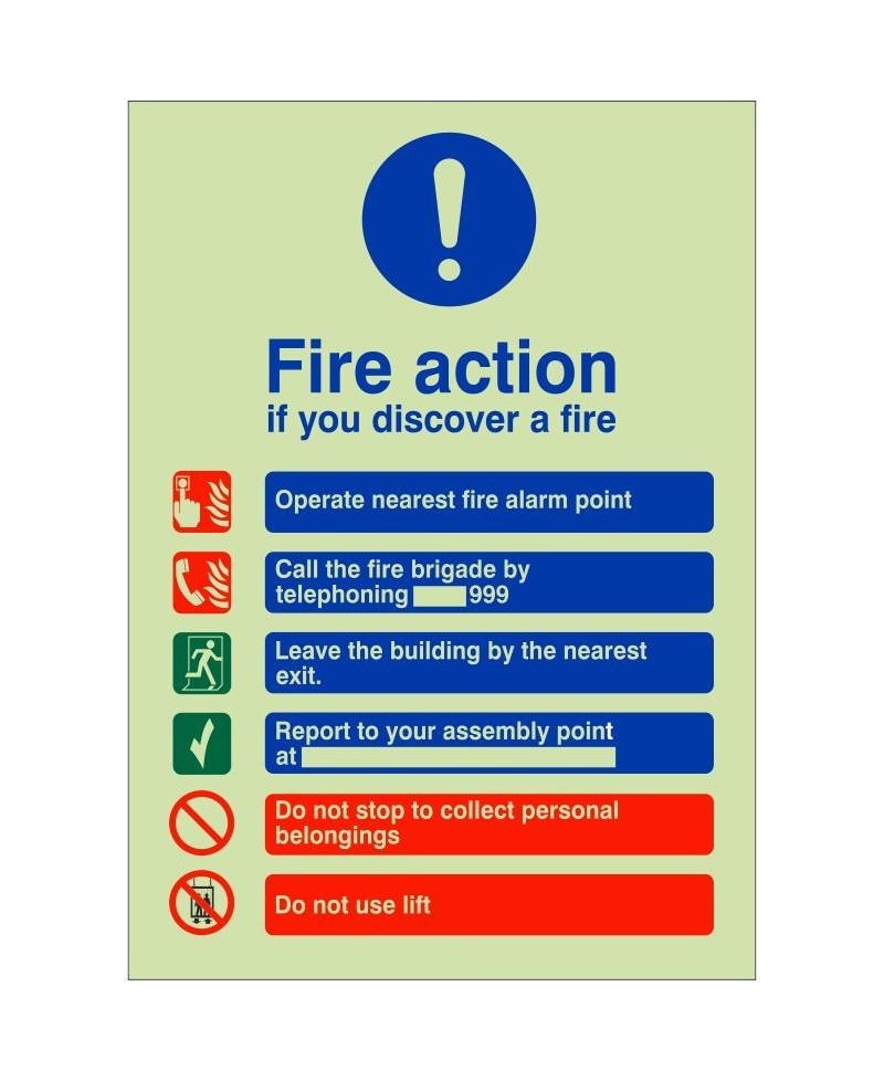 Glow In The Dark Fire Action Notice Sign - If You Discover A Fire