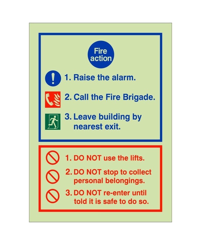 Glow In The Dark 3 Point Fire Action Notice Sign - Raise The Alarm