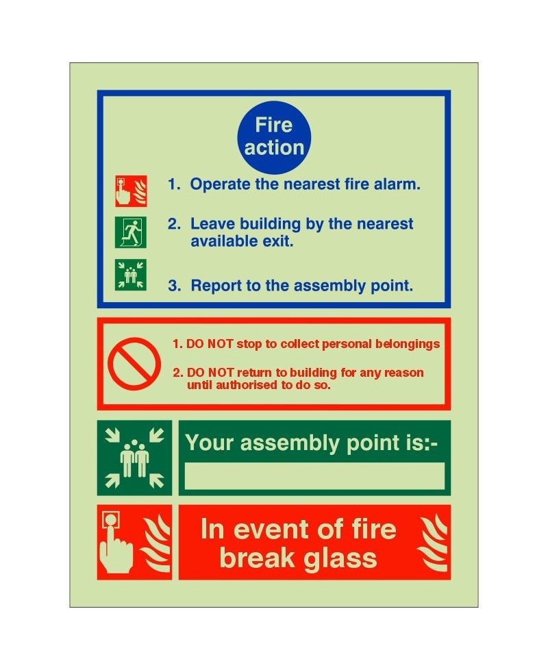 Glow In The Dark 3 Point Fire Action Notice Sign (In Event Of Fire Break Glass)