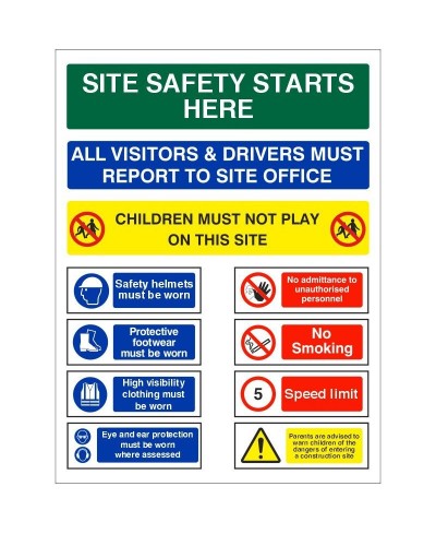 Safety Starts Here Sign - All Visitors And Drivers Must Report To Site Office