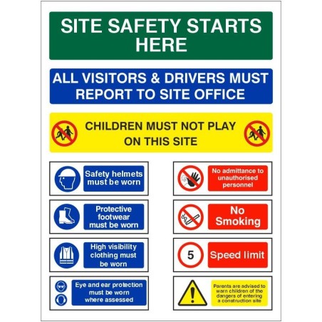 Safety Starts Here Sign - All Visitors And Drivers Must Report To Site Office