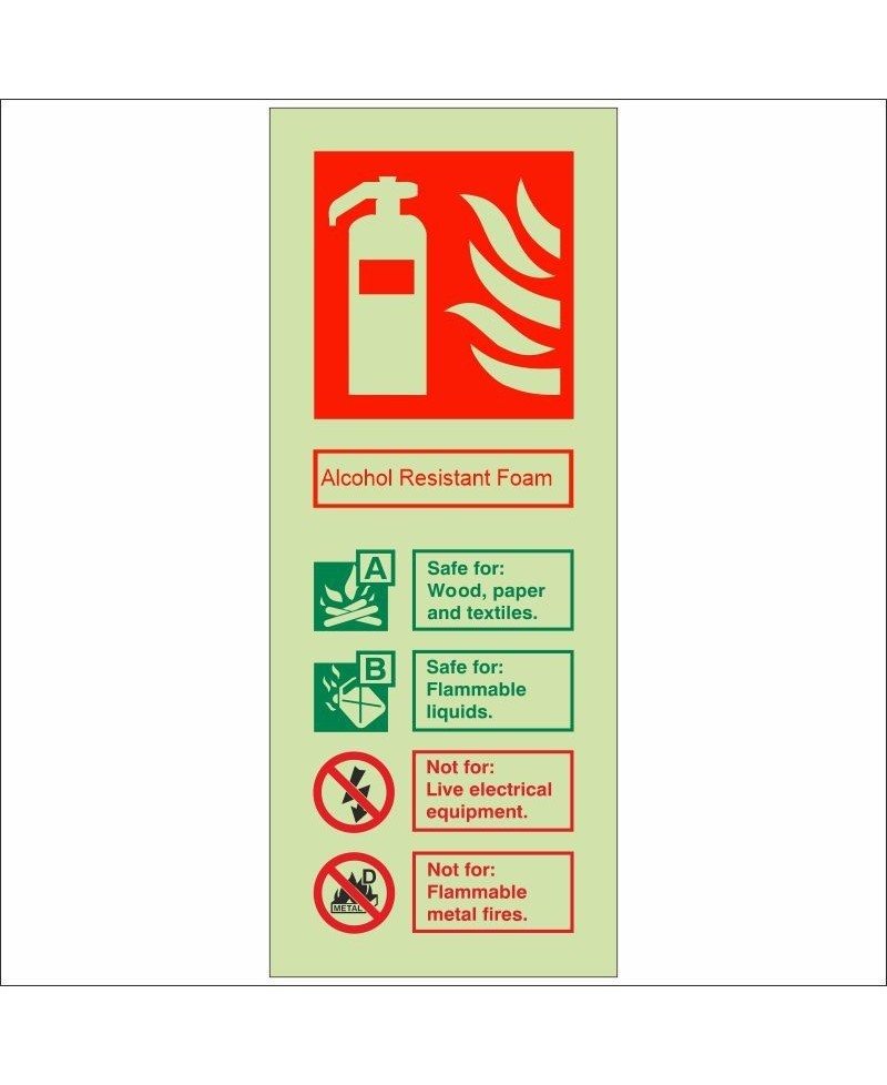 Glow In The Dark Alcohol Resistant Foam Fire Extinguisher ID Sign