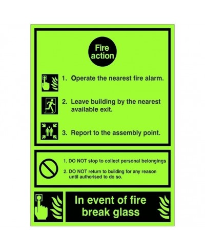 3 Point Glow In The Dark Fire Action Notice Sign - In The Event Of Fire Break Glass - Class C