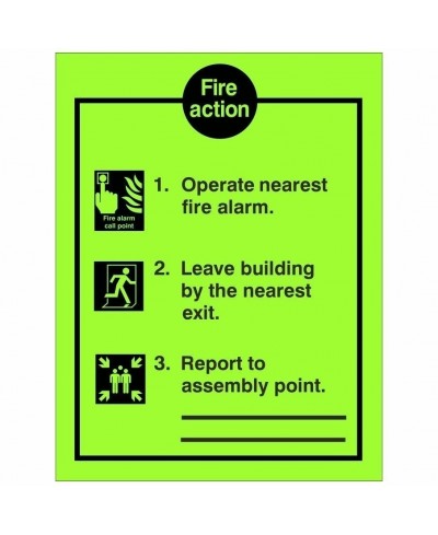 Glow In The Dark 3 Point Fire Action Notice Sign With Lines To Write Assembly Point Location - Class C
