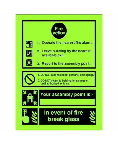 Glow In The Dark 3 Point Fire Action Notice Sign (In Event Of Fire Break Glass) - Class C