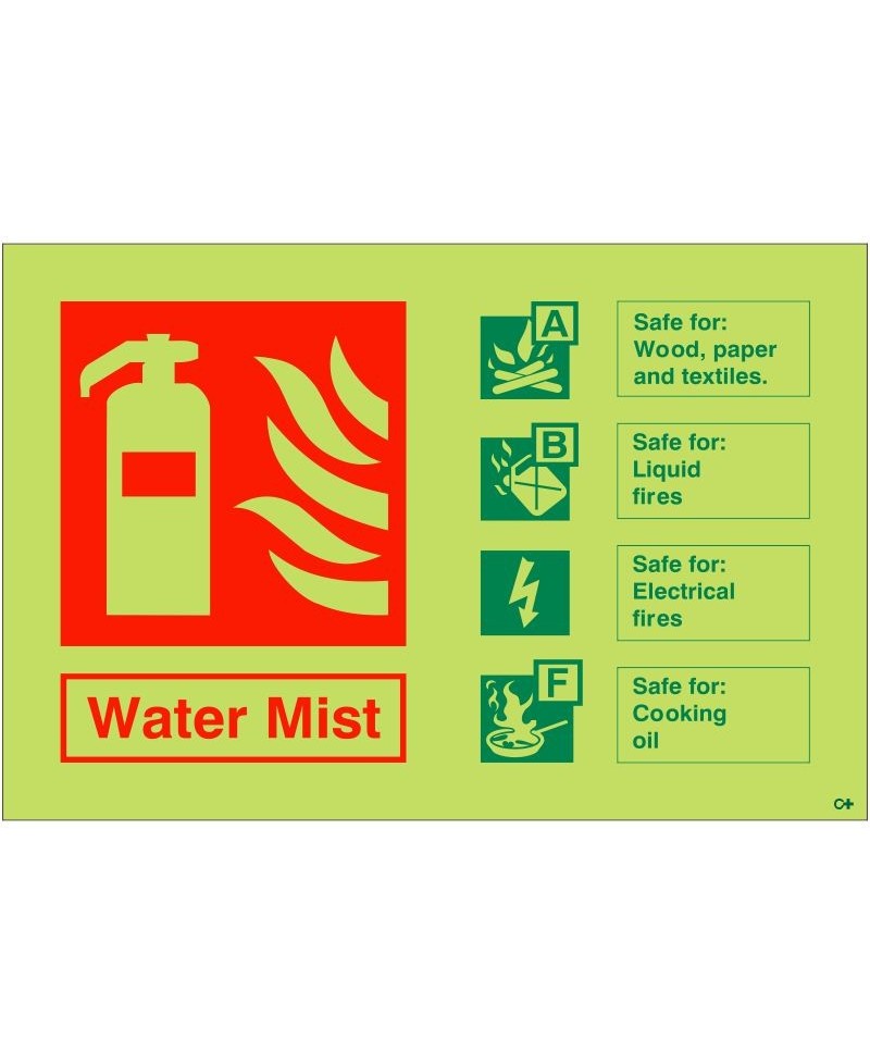 Glow in the Dark Water Mist Fire Extinguisher Sign - Class C