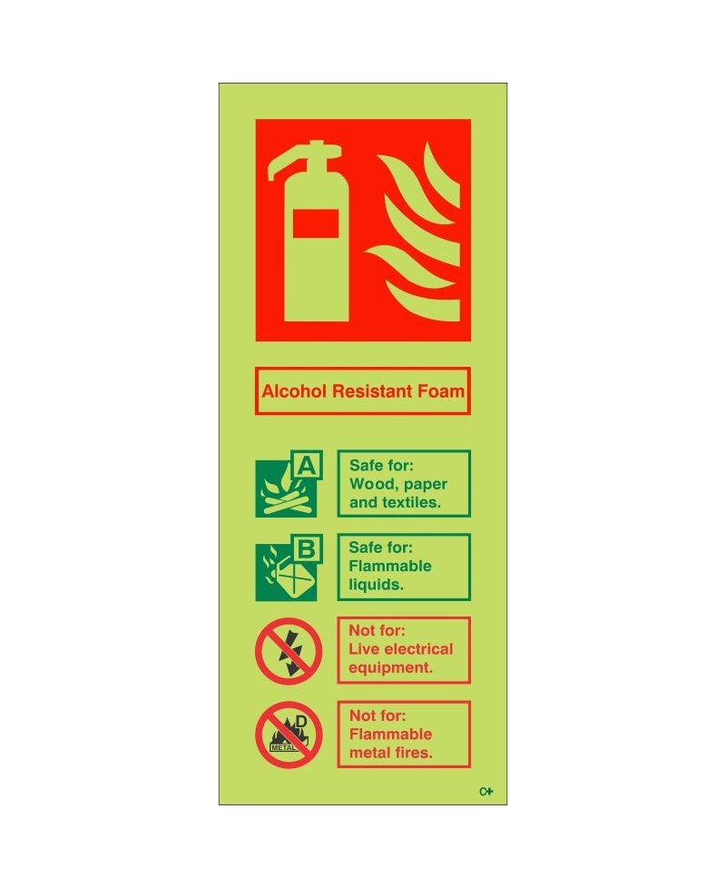 Glow In The Dark Alcohol Resistant Foam Fire Extinguisher ID Sign - Class C