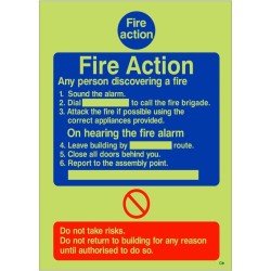 Glow In The Dark 6 Point Fire Action Notice Sign - Any Person Discovering a Fire - BS 5499 Compliant Photoluminescent Fire Action Sign