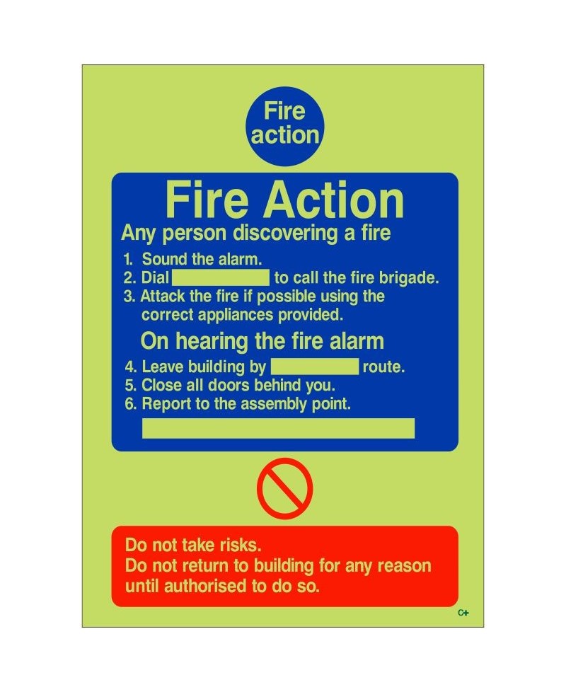 Glow In The Dark 6 Point Fire Action Notice Sign - Any Person Discovering a Fire - Class C