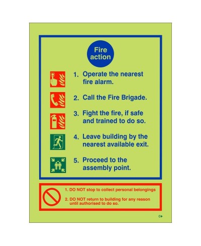 Glow In The Dark 5 Point Fire Action Notice Sign - Class C