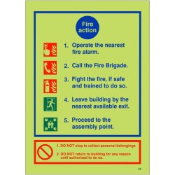 Glow In The Dark 5 Point Fire Action Notice Sign - BS 5499 Compliant Photoluminescent Fire Action Sign