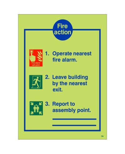Glow In The Dark 3 Point Fire Action Notice Sign With Lines To Write Assembly Point Location - Class C