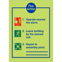 Glow In The Dark 3 Point Fire Action Notice Sign With Lines To Write Assembly Point Location - BS 5499 Compliant Photoluminescent Fire Action Sign