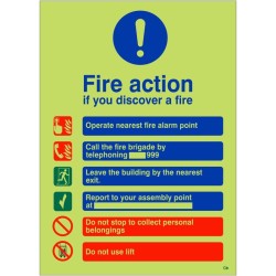 Glow In The Dark Fire Action Notice Sign - If You Discover A Fire - BS 5499 Compliant Photoluminescent Fire Action Sign