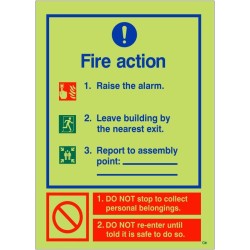 Glow In The Dark 3 Point Fire Action Notice Sign (Raise The Alarm) - BS 5499 Compliant Photoluminescent Fire Action Sign