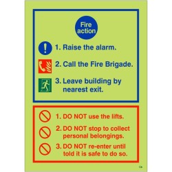 Glow In The Dark 3 Point Fire Action Notice Sign - Raise The Alarm - BS 5499 Compliant Photoluminescent Fire Action Sign