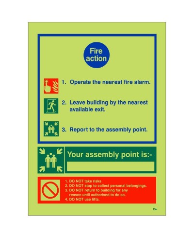 3 Point Glow In The Dark Fire Action Sign - Your Assembly Point Is - Class C