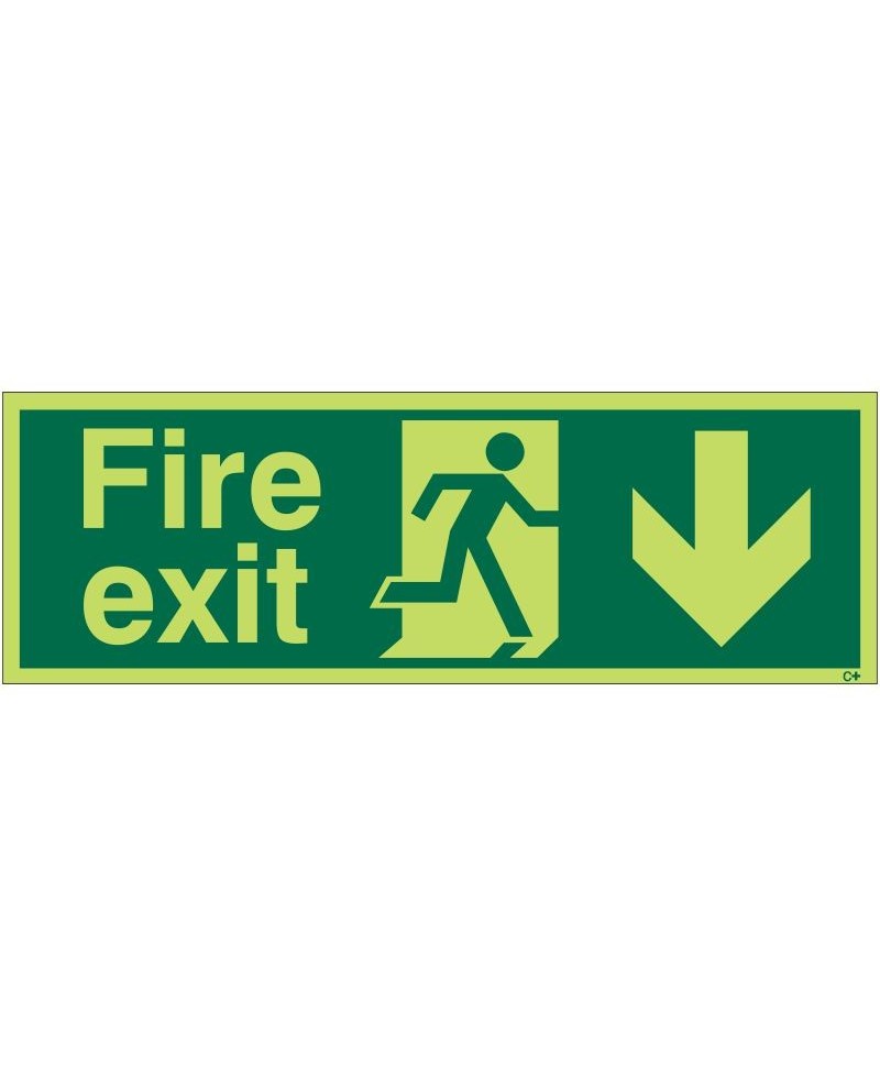 Extra Large Glow in the Dark Fire Exit Down Sign 900mm x 300mm - Rigid Plastic - Class C