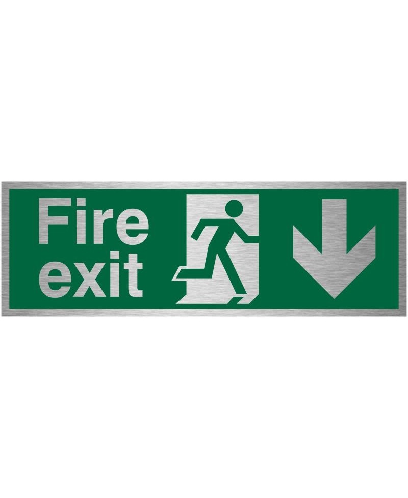 Fire Exit Arrow Down Brushed Aluminium Sign