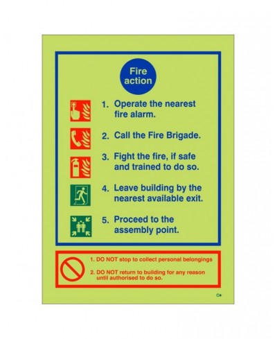 Glow In The Dark 5 Point Fire Action Notice Sign
