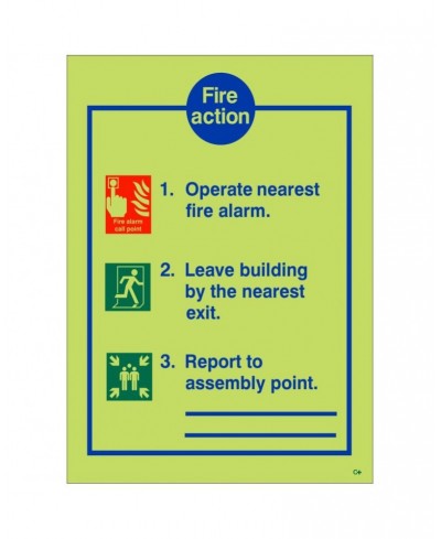 Glow In The Dark 3 Point Fire Action Notice Sign With Lines To Write Assembly Point Location