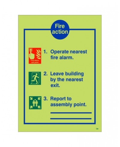 Glow In The Dark 3 Point Fire Action Notice Sign - With Lines To Write Assembly Point Location