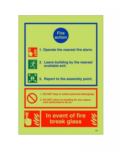 Glow In The Dark 3 Point Fire Action Notice Sign (In Event Of Fire Break Glass)