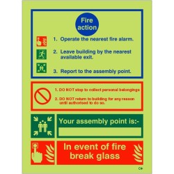 3 Point Glow In The Dark Fire Action Notice Sign - In The Event Of Fire Break Glass - BS 5499 Compliant Photoluminescent Fire Action Sign