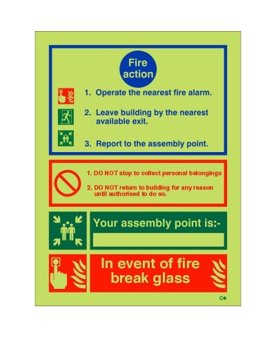 Glow In The Dark 3 Point Fire Action Notice Sign (In Event Of Fire Break Glass)